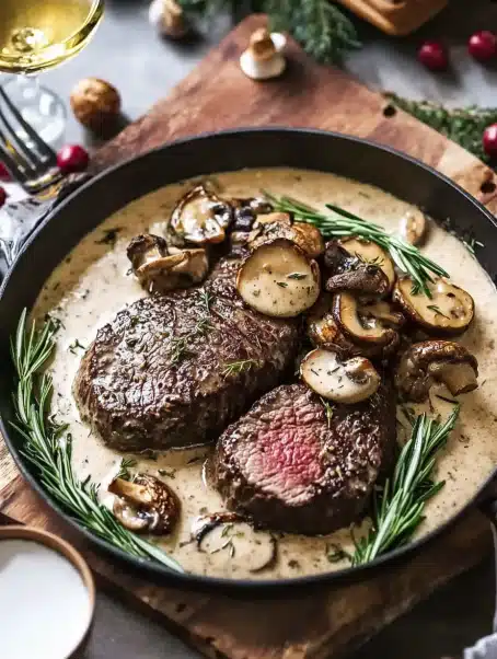 Rosemary Beef Tenderloin with Wild Mushroom Cream Sauce
