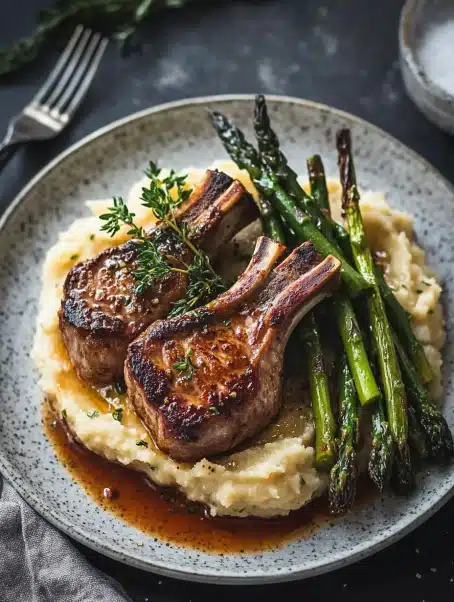 Lamb Chops Over Lobster Mash with Asparagus