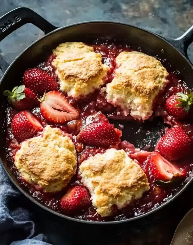 Skillet Strawberry Bourbon Cobbler with Layered Cream Cheese Biscuits