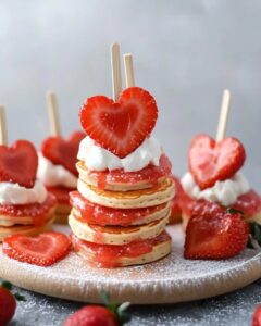 Strawberry Heart-Topped Mini Pancake Stacks - Sophia Recipes