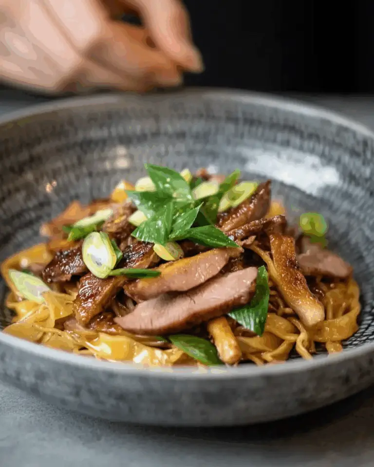 Duck breast and king oyster mushrooms with wheat noodles