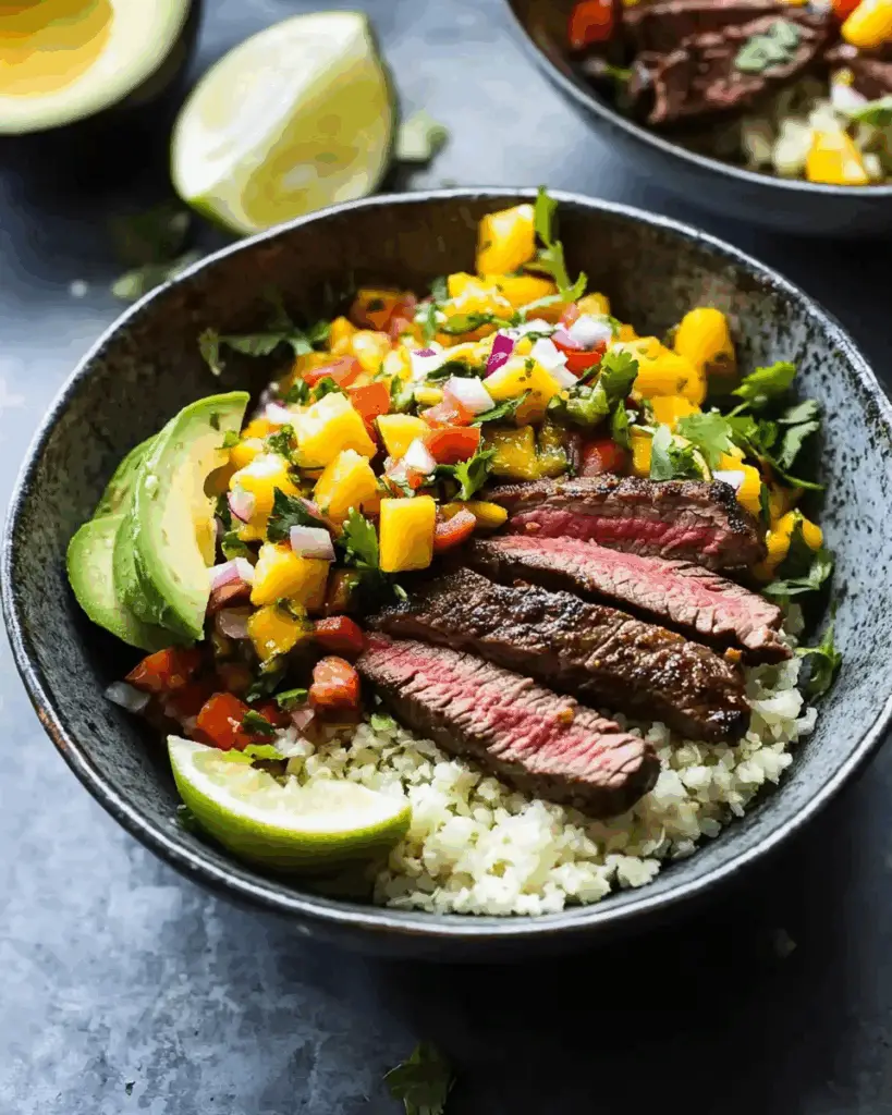 Cauliflower Rice Carne Asada Bowls with Mango Salsa - Sophia Recipes