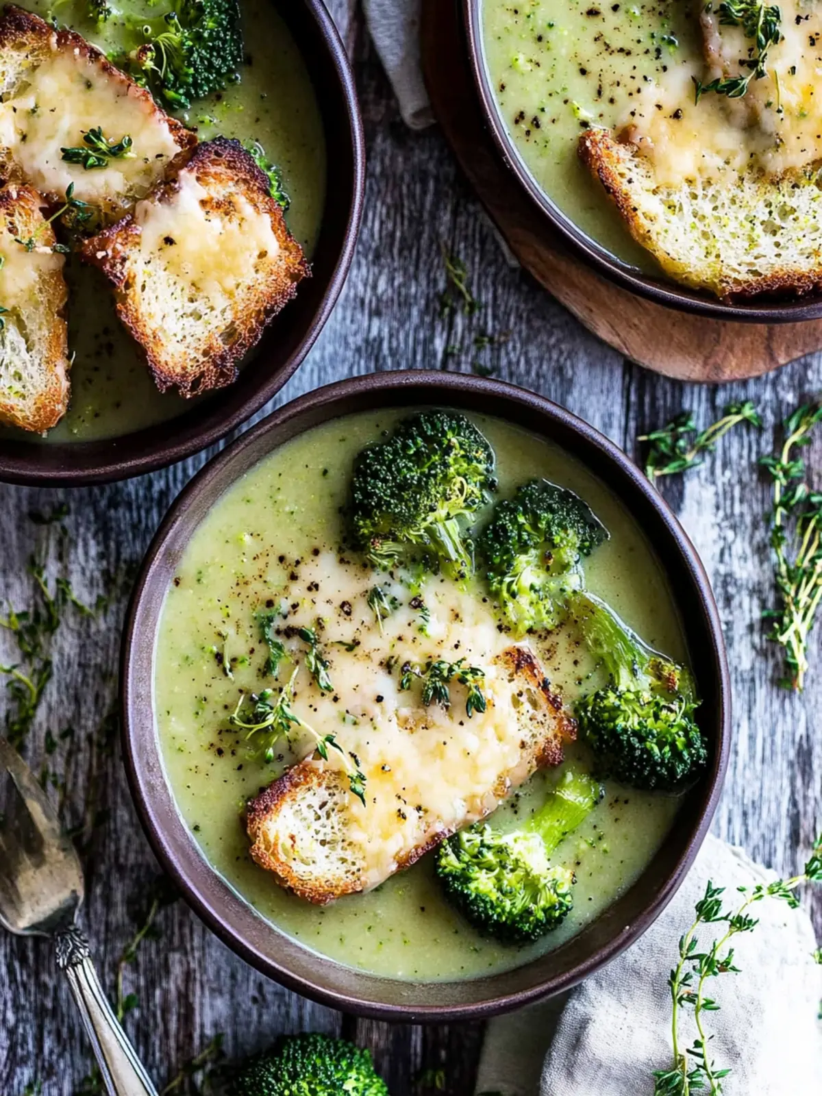 Creamy Roasted Broccoli Soup with Cheddar Croutons Delight Roasted Broccoli Soup with Melted Cheddar Croutons