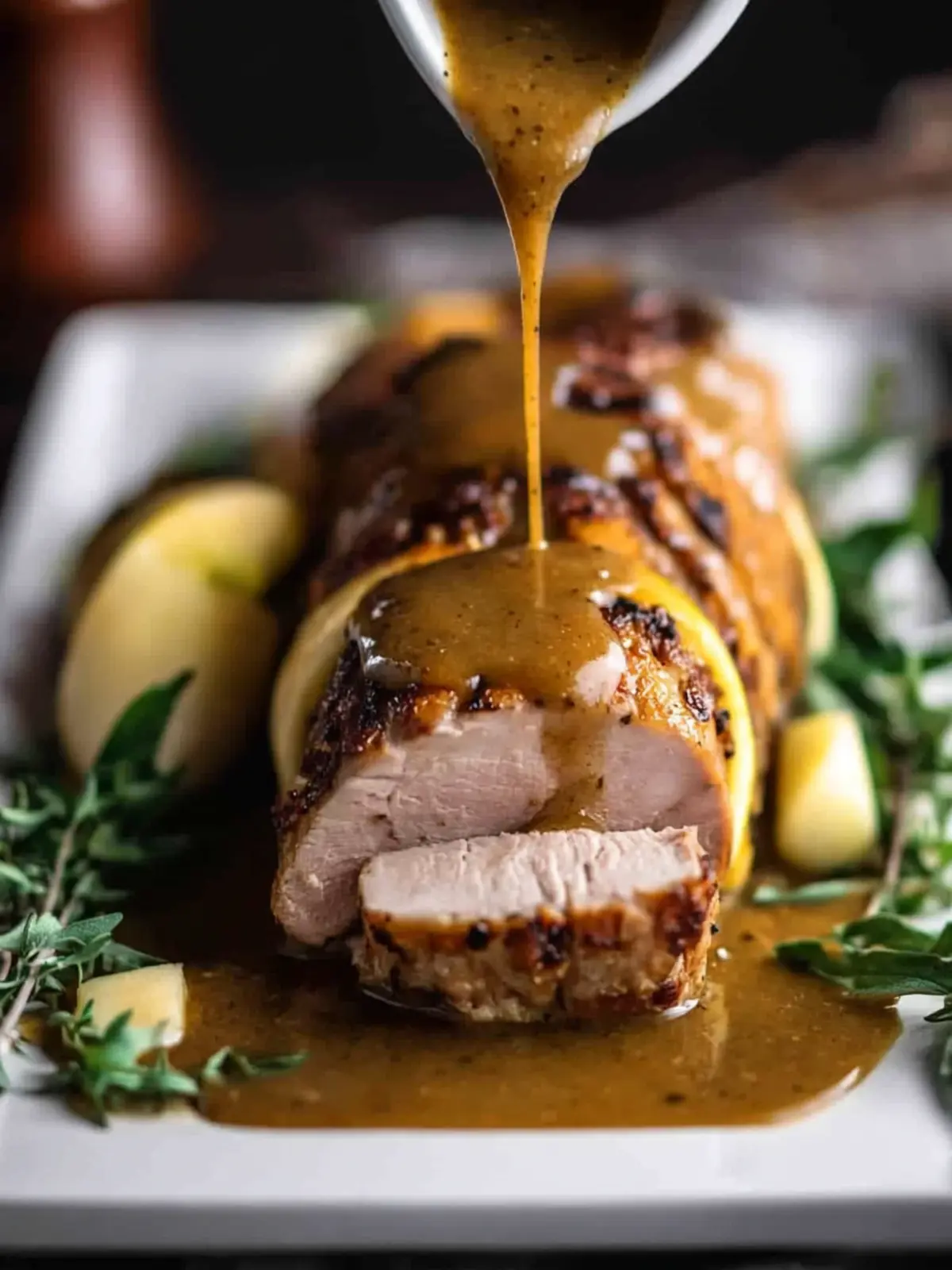 Stuffed Pork Tenderloin with Apple Bourbon Gravy