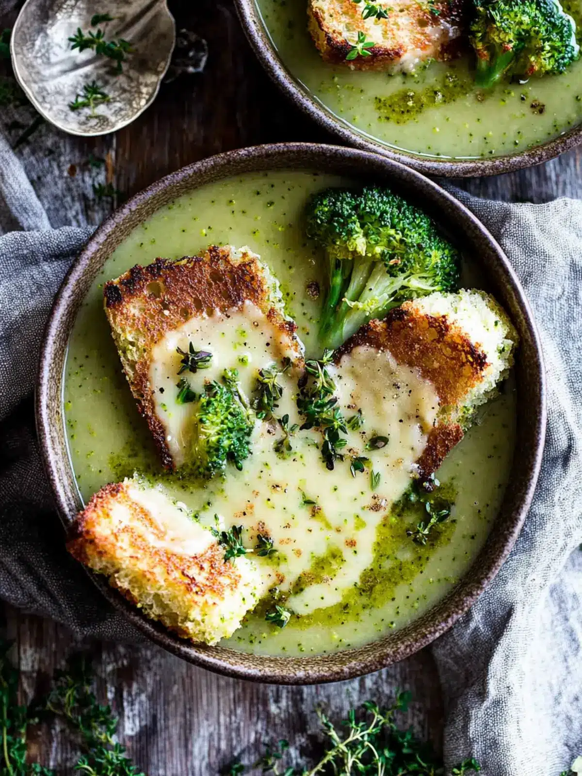 Creamy Roasted Broccoli Soup with Cheddar Croutons Delight Roasted Broccoli Soup with Melted Cheddar Croutons
