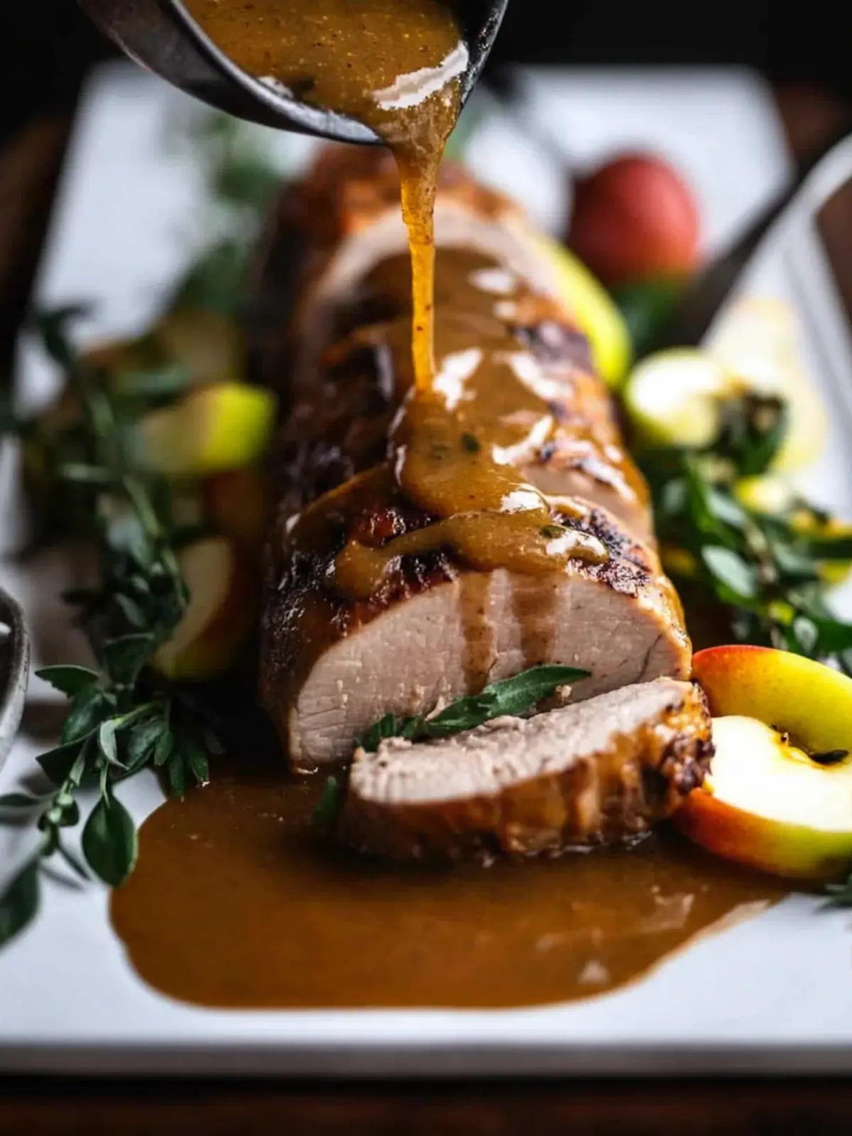 Stuffed Pork Tenderloin with Apple Bourbon Gravy