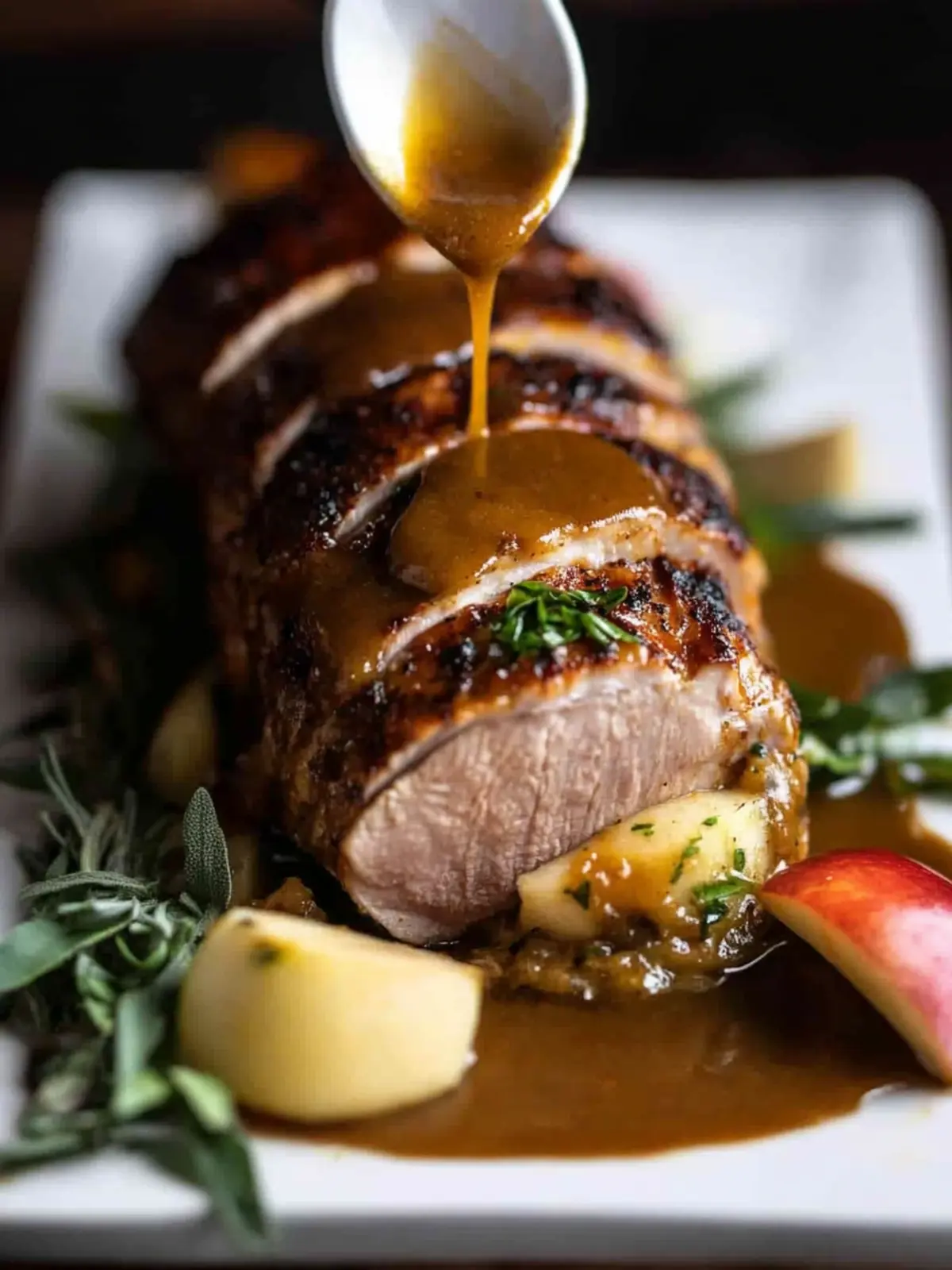 Stuffed Pork Tenderloin with Apple Bourbon Gravy