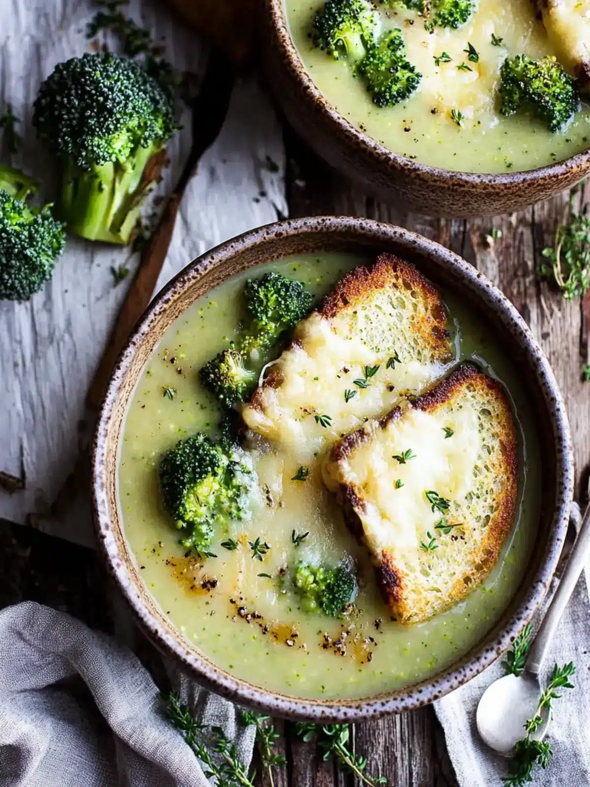 Creamy Roasted Broccoli Soup with Cheddar Croutons Delight Roasted Broccoli Soup with Melted Cheddar Croutons
