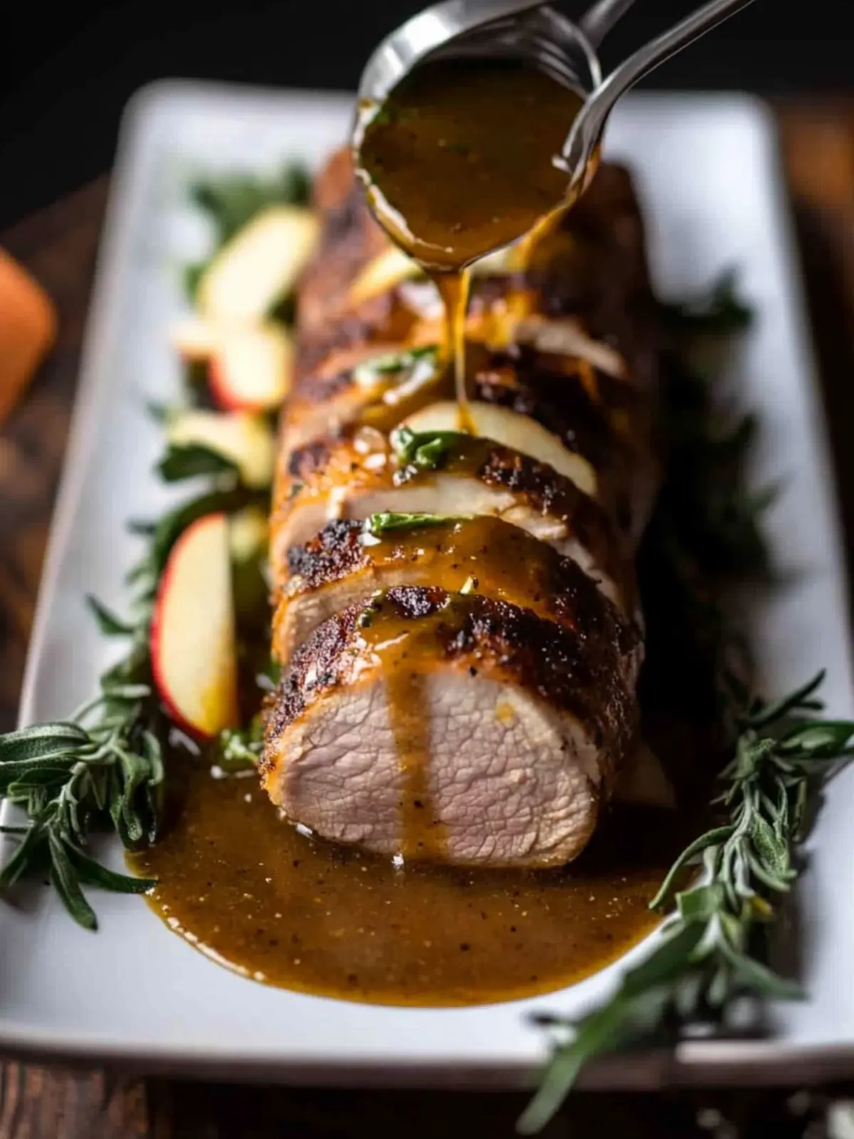 Stuffed Pork Tenderloin with Apple Bourbon Gravy