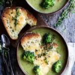 Roasted Broccoli Soup with Melted Cheddar Croutons