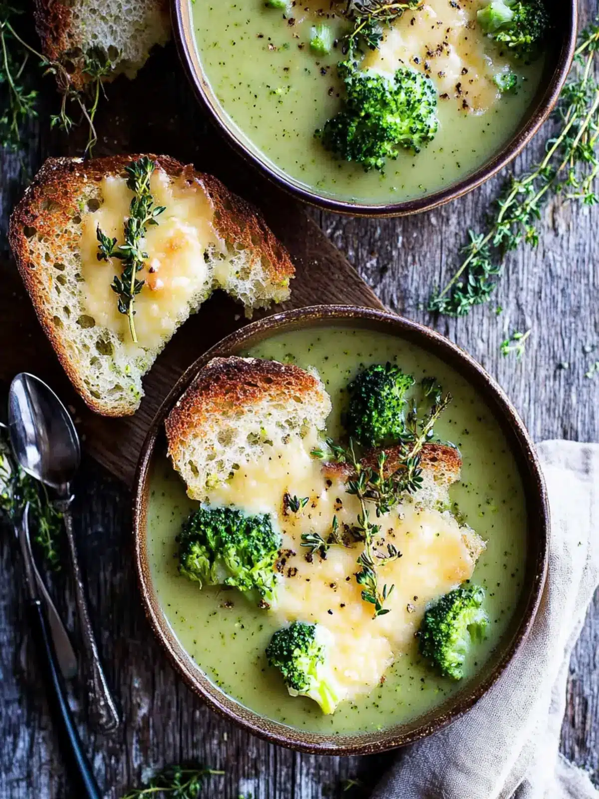 Creamy Roasted Broccoli Soup with Cheddar Croutons Delight Roasted Broccoli Soup with Melted Cheddar Croutons