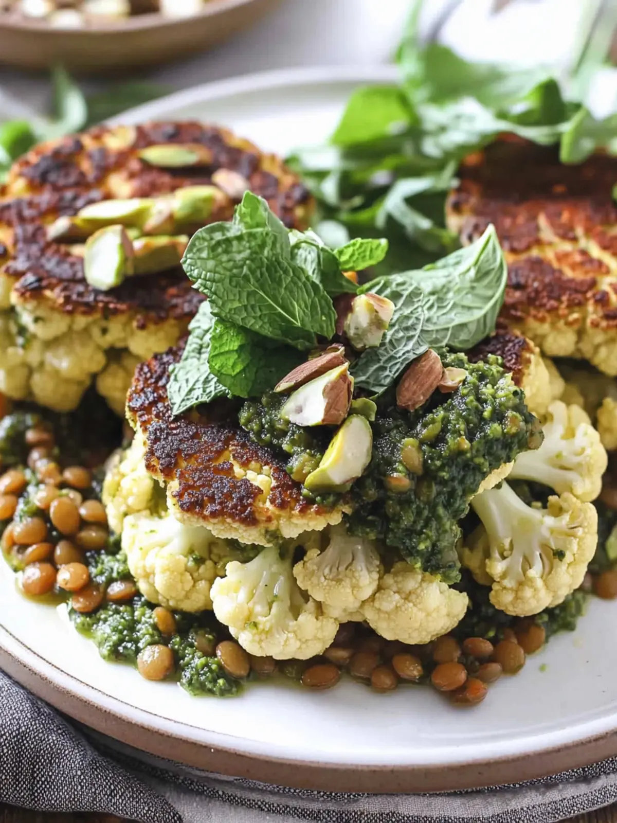 Cauliflower Steaks with Lentils & Pistachio Mint Pesto