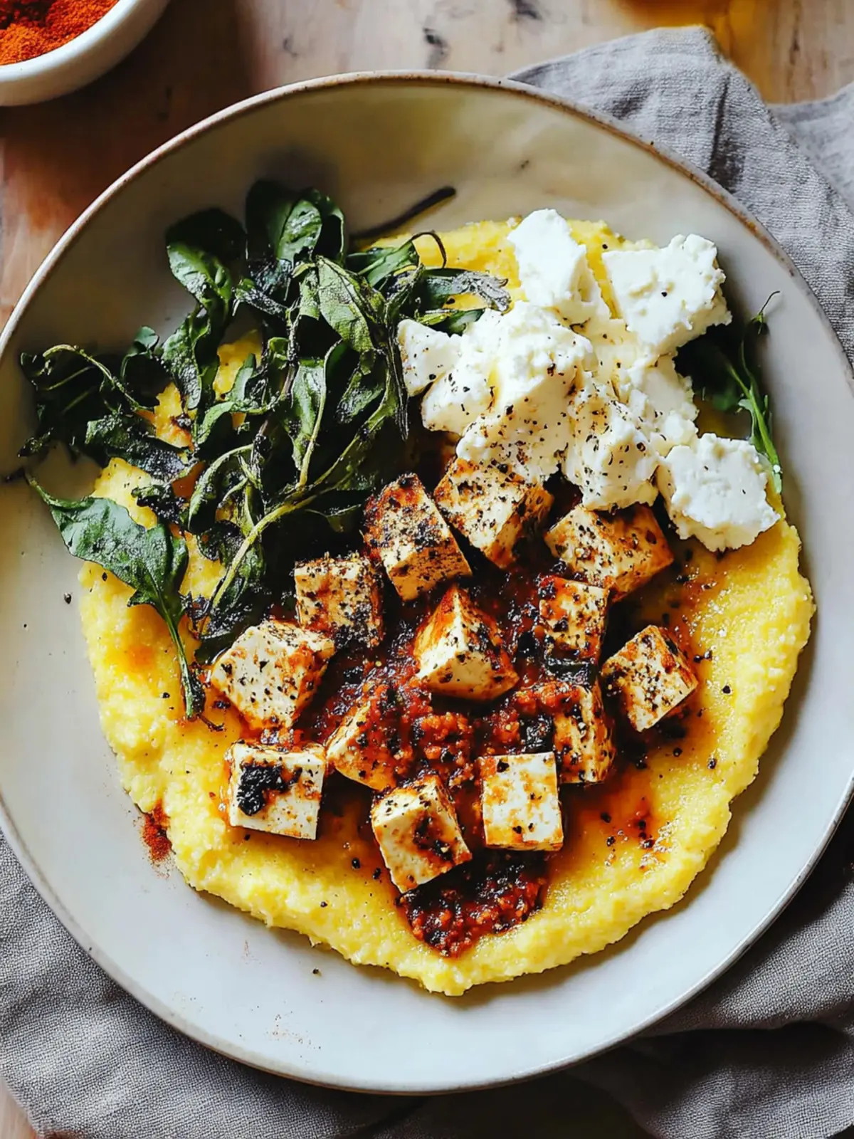 Vegan Cacio E Pepe Polenta with Spicy Tofu