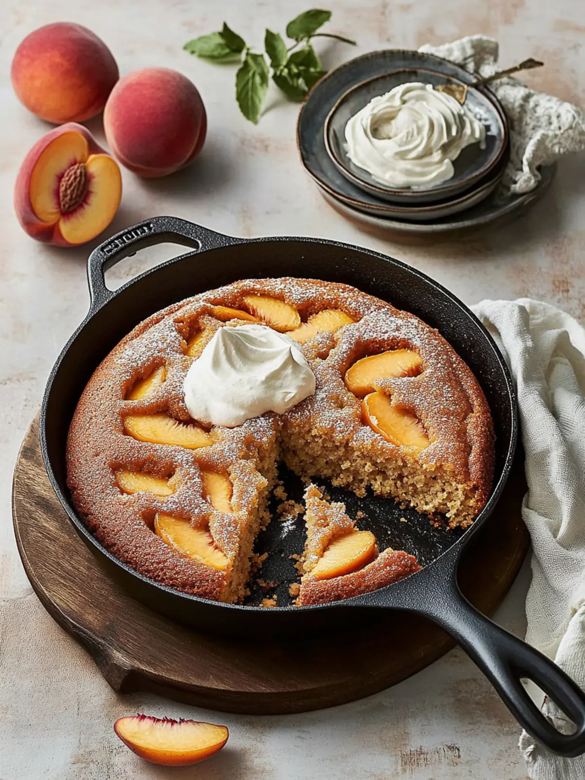 Brown Sugar Peach Skillet Cake with Vanilla Whipped Cream