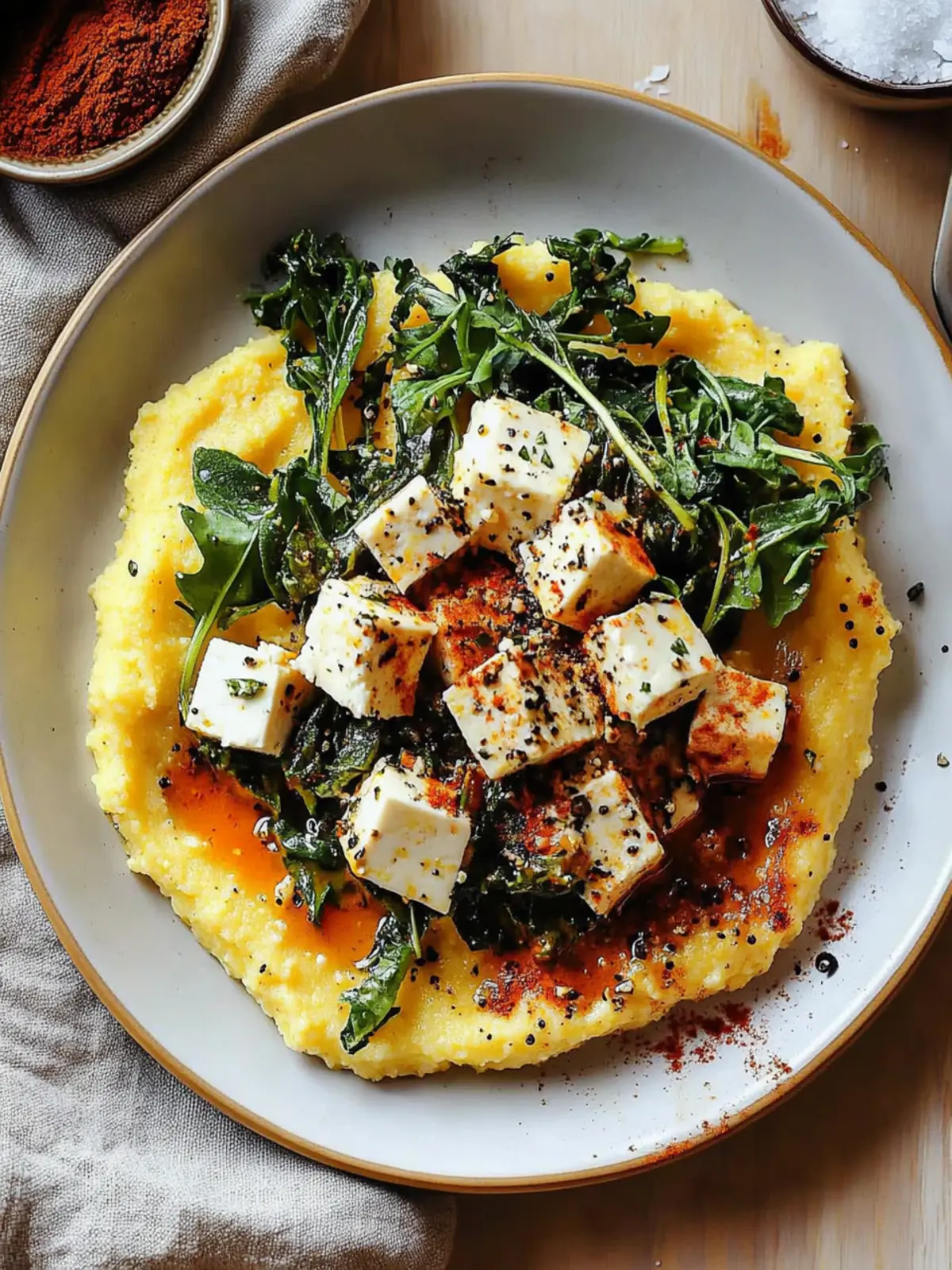 Vegan Cacio E Pepe Polenta with Spicy Tofu