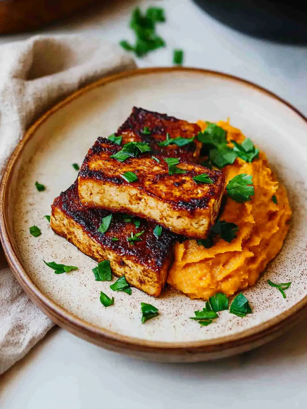 Tofu Steak with Mashed Sweet Potato