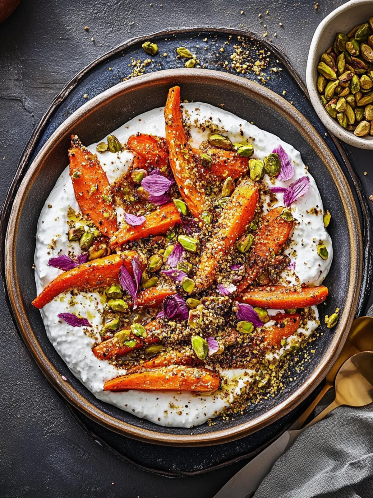 Roasted carrots with garlic tahini yogurt and pistachio dukkah
