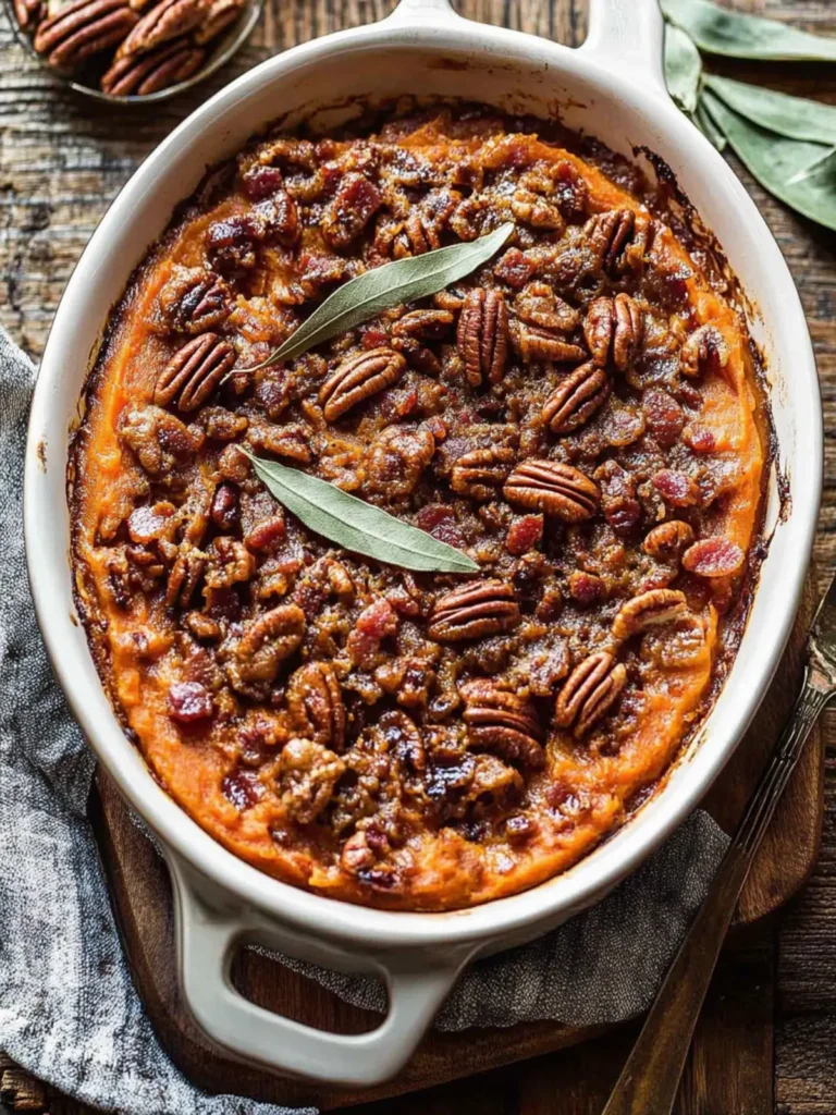 Bourbon Sweet Potato Casserole with Sweet ‘n’ Savory Bacon Pecans
