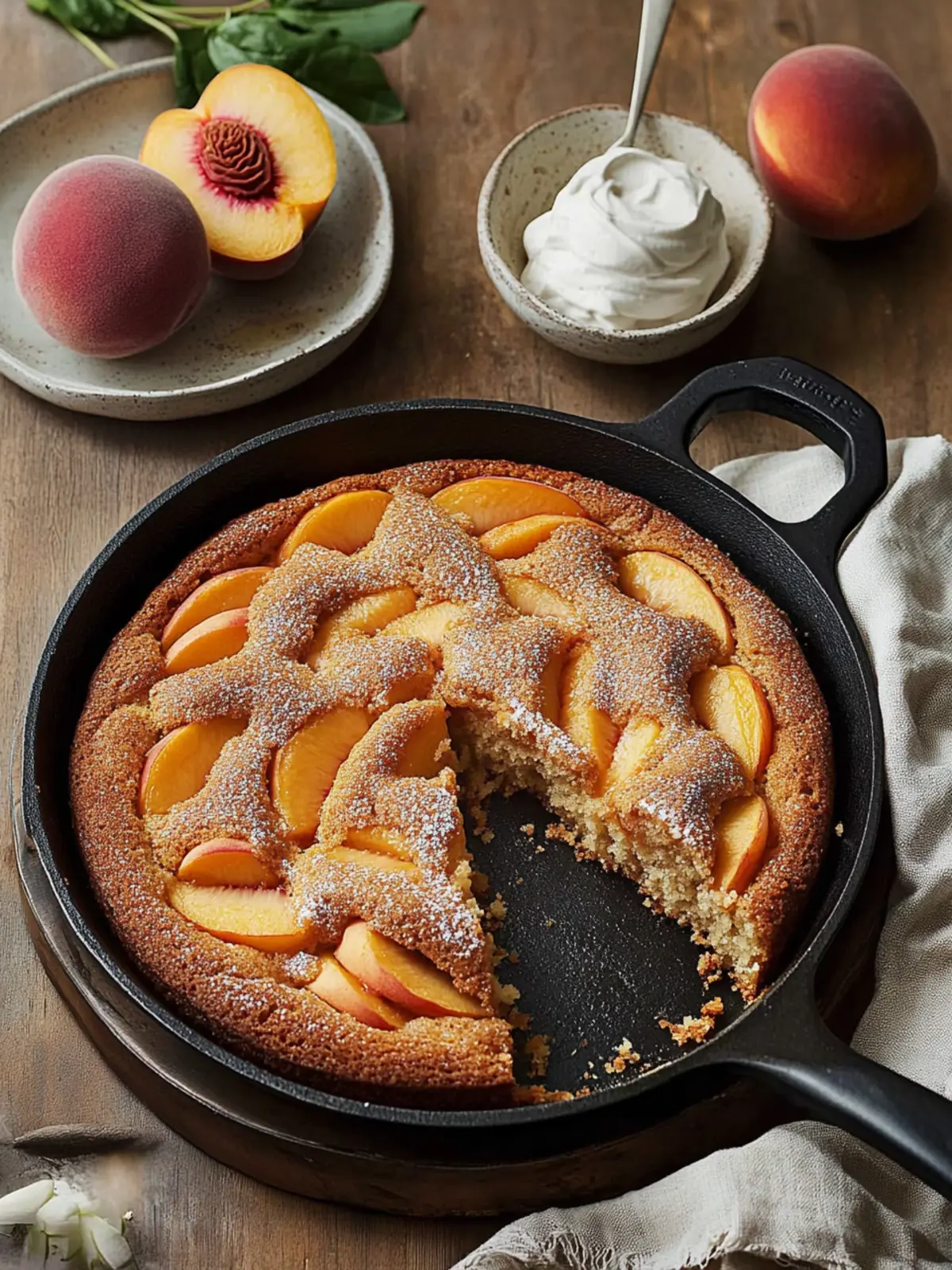 Brown Sugar Peach Skillet Cake with Vanilla Whipped Cream