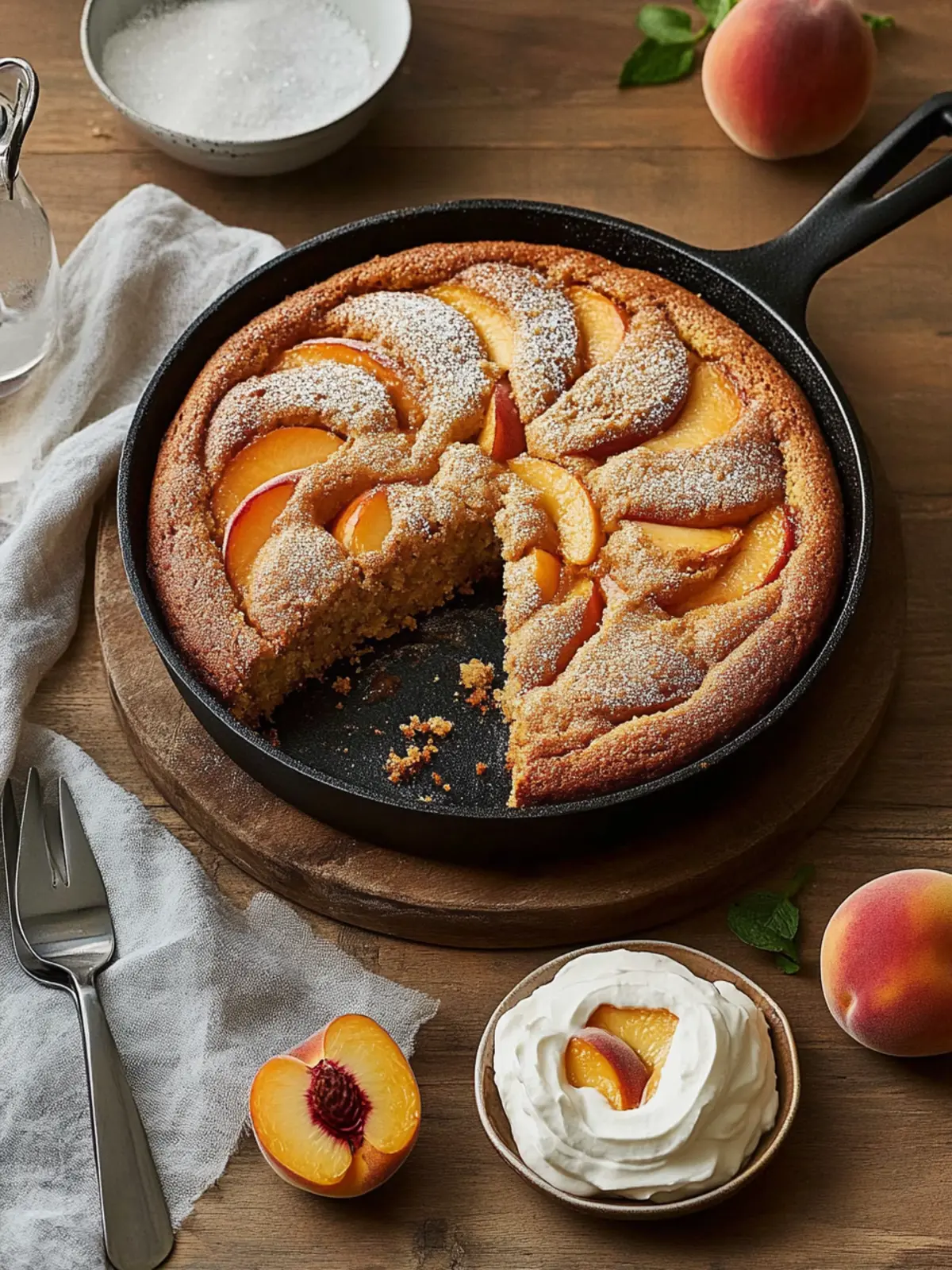 Brown Sugar Peach Skillet Cake with Vanilla Whipped Cream