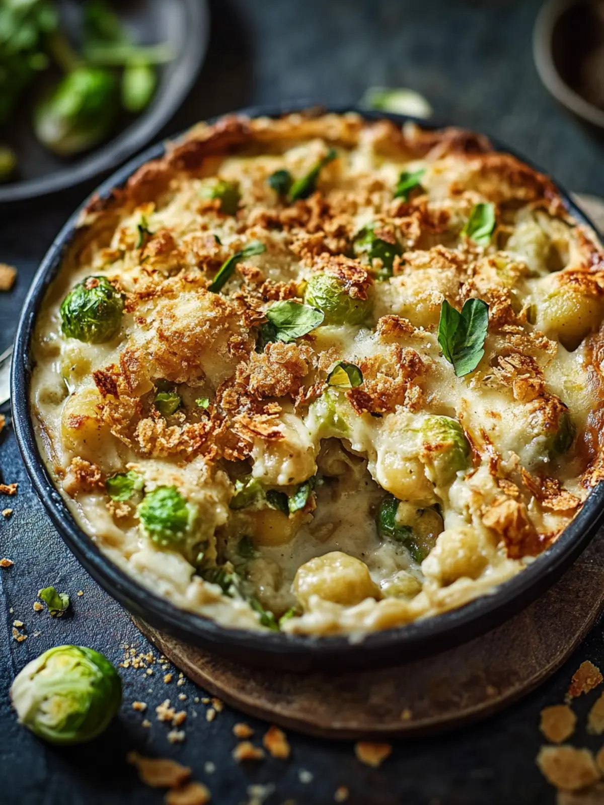Cheesy Brussels sprout gnocchi pie