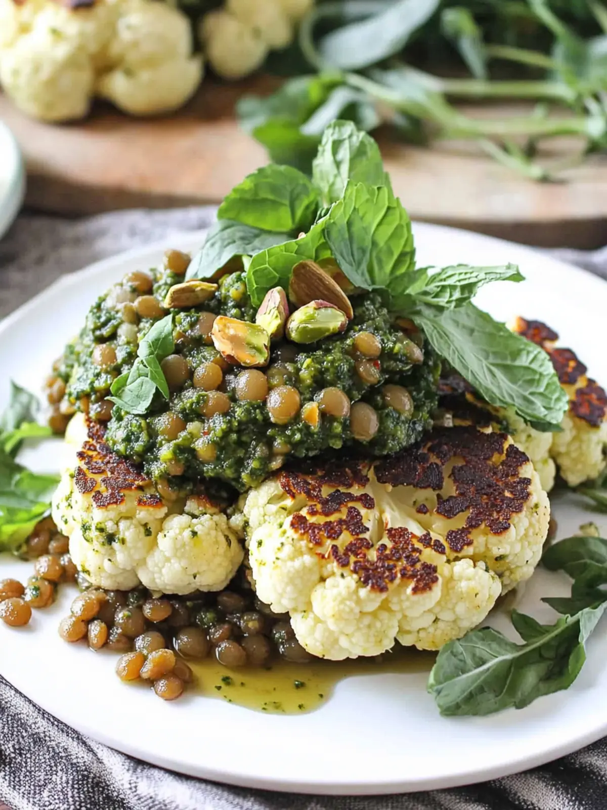 Cauliflower Steaks with Lentils & Pistachio Mint Pesto