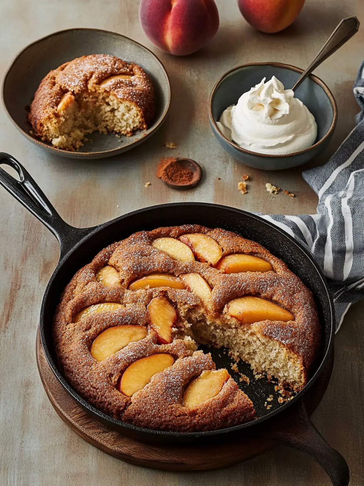 Brown Sugar Peach Skillet Cake with Vanilla Whipped Cream