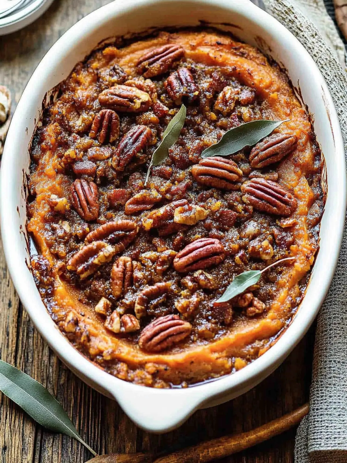 Bourbon Sweet Potato Casserole with Sweet ‘n’ Savory Bacon Pecans
