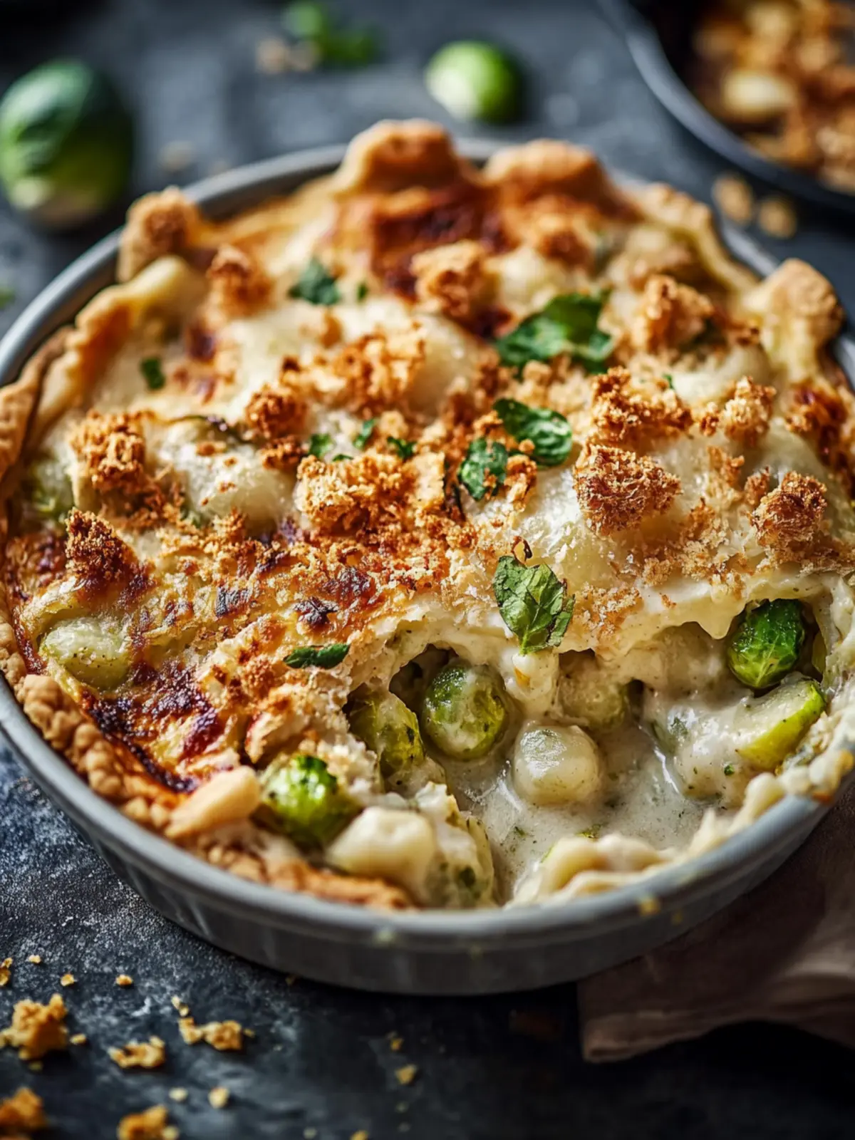 Cheesy Brussels sprout gnocchi pie