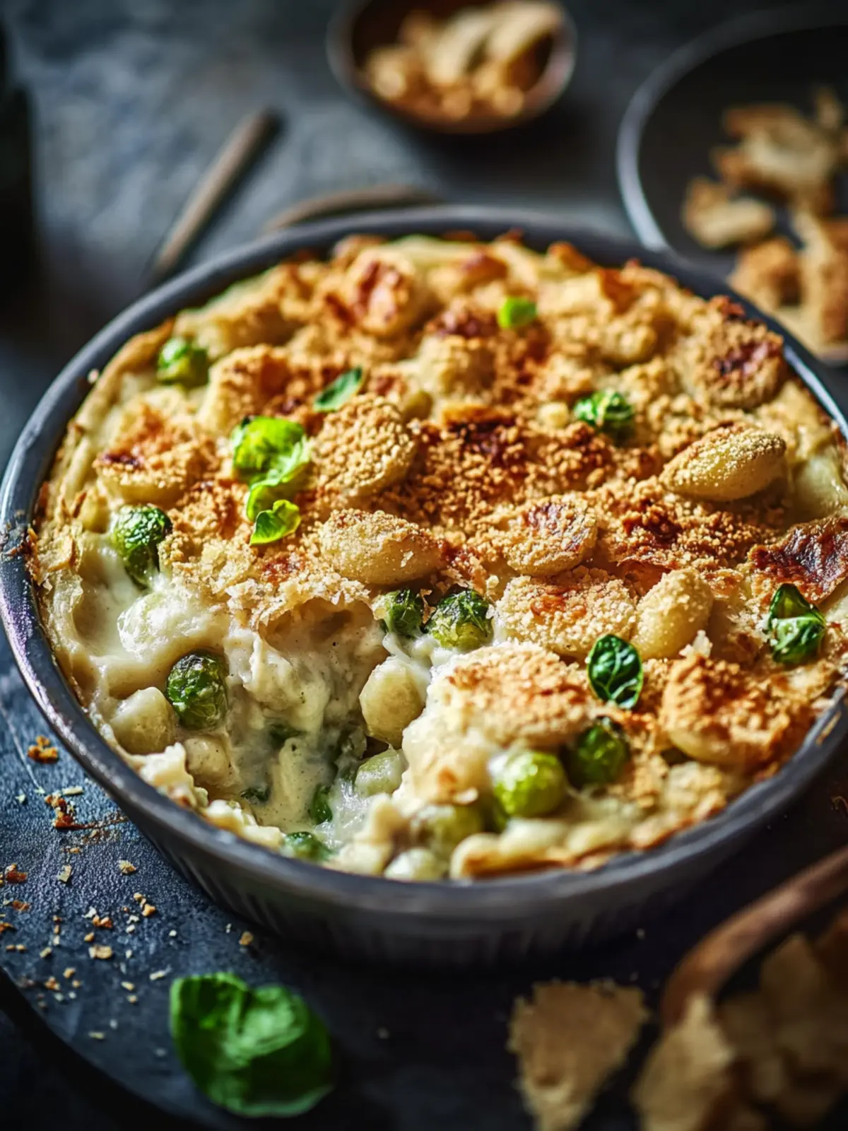 Cheesy Brussels sprout gnocchi pie