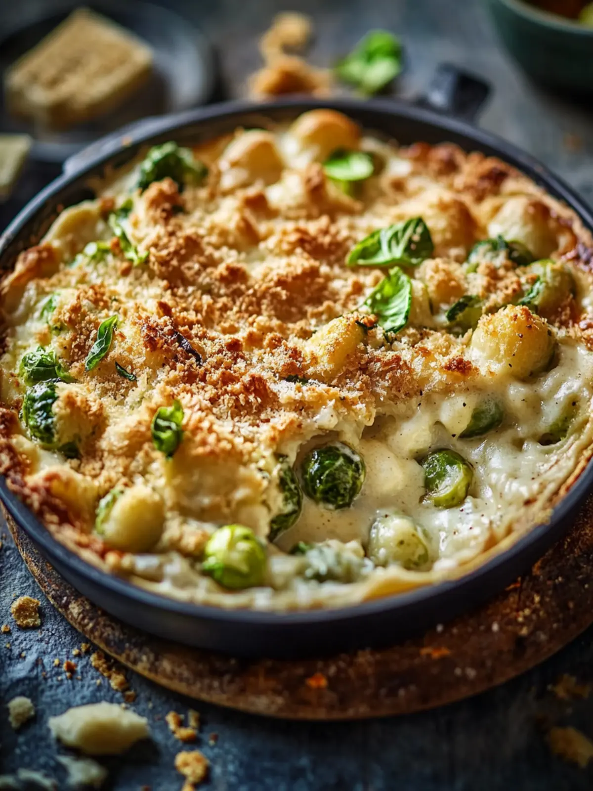Cheesy Brussels sprout gnocchi pie