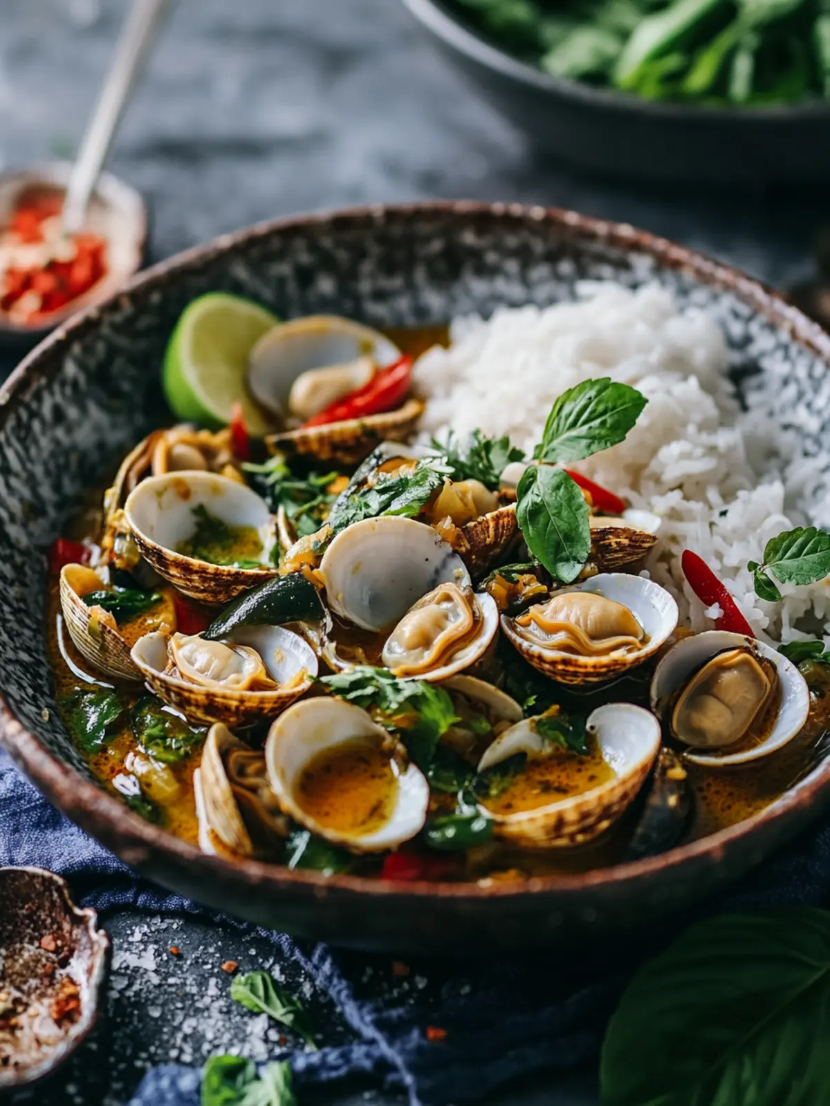 Green Curry Thai Clams with Thai Eggplant