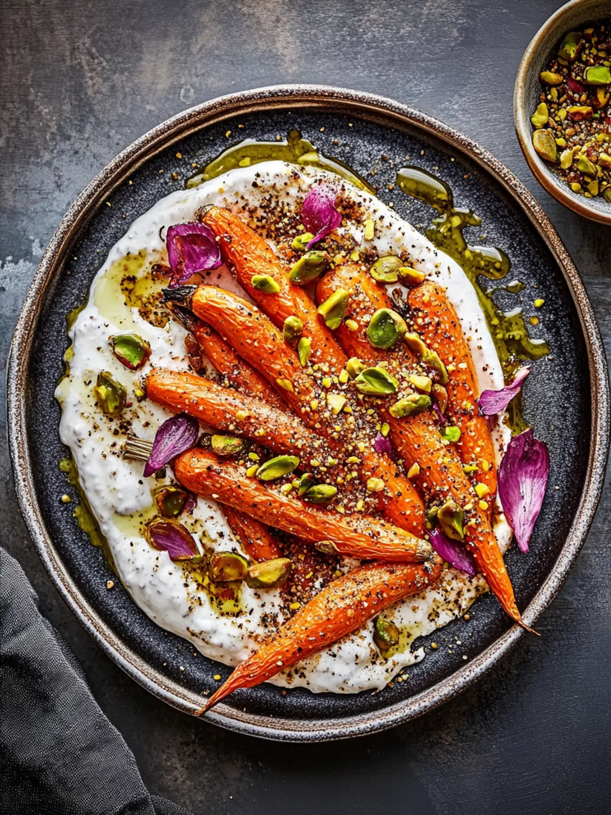Roasted carrots with garlic tahini yogurt and pistachio dukkah