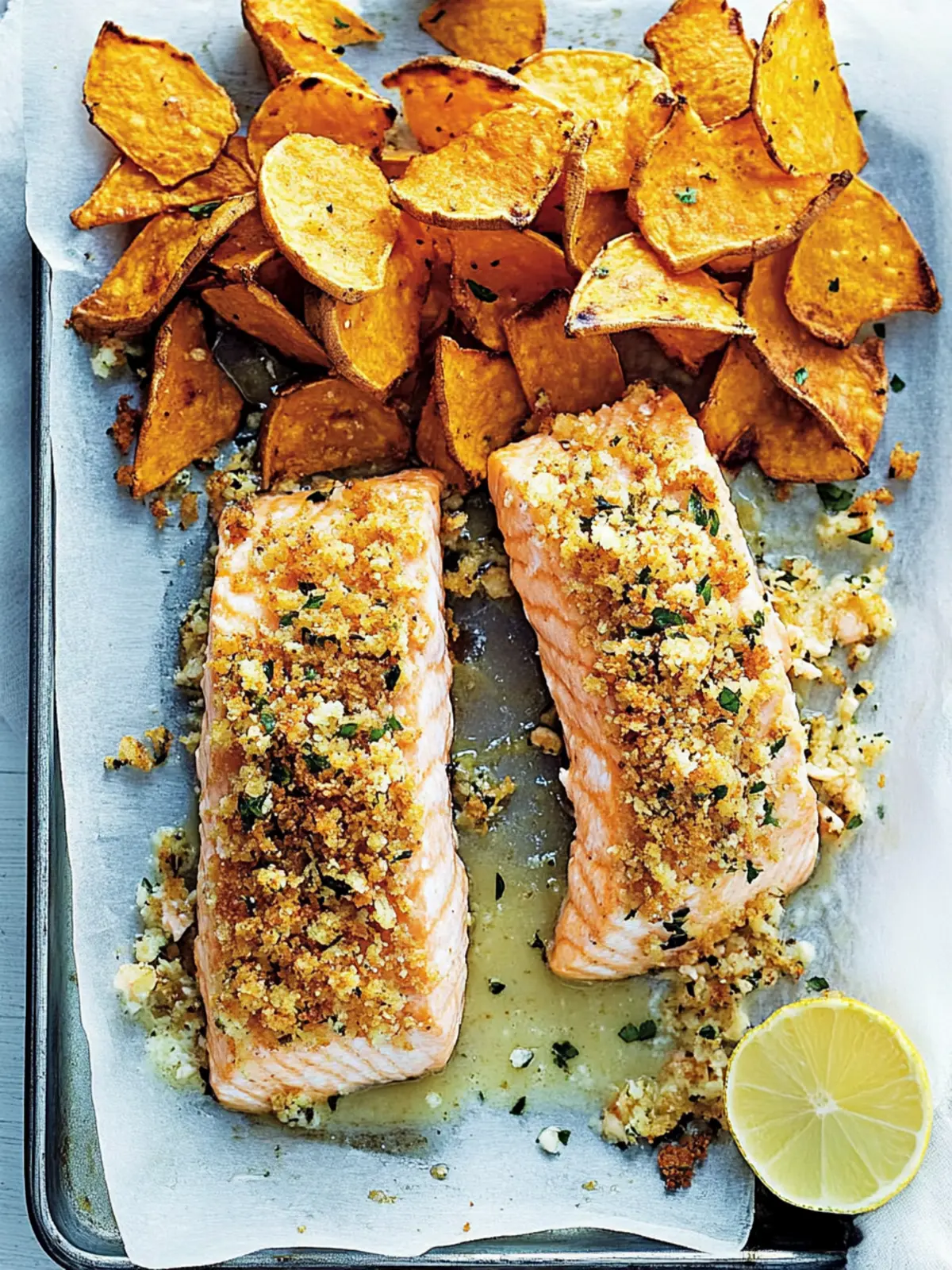 crumbed salmon with sweet potato chips