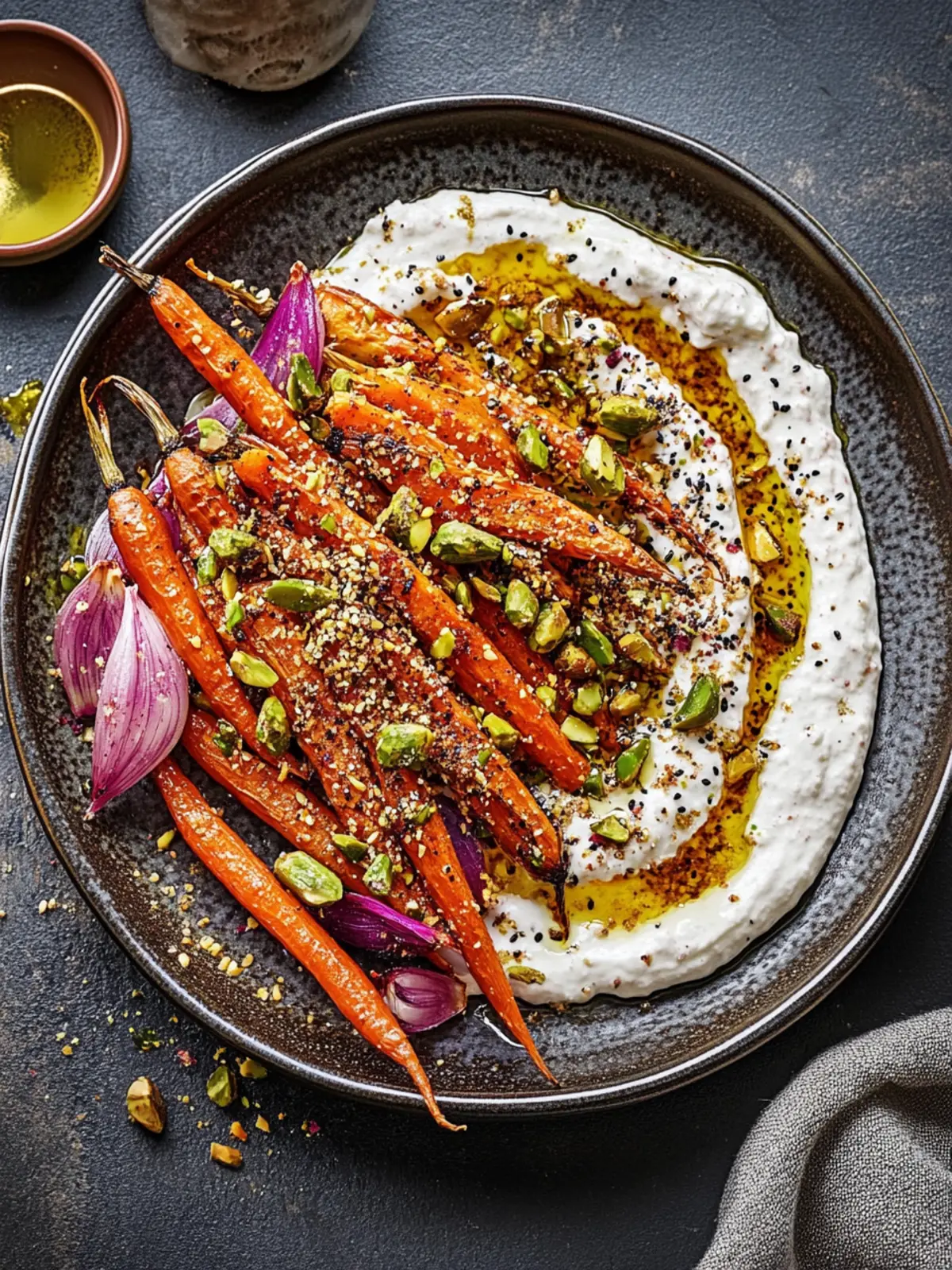Roasted carrots with garlic tahini yogurt and pistachio dukkah