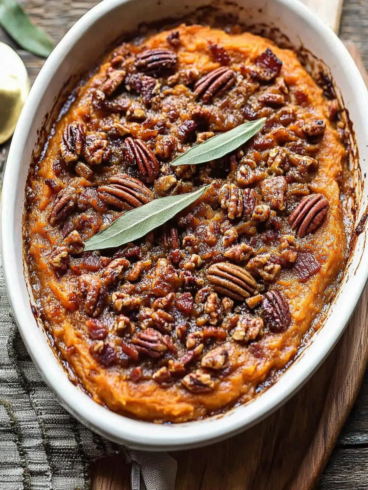 Bourbon Sweet Potato Casserole with Sweet ‘n’ Savory Bacon Pecans