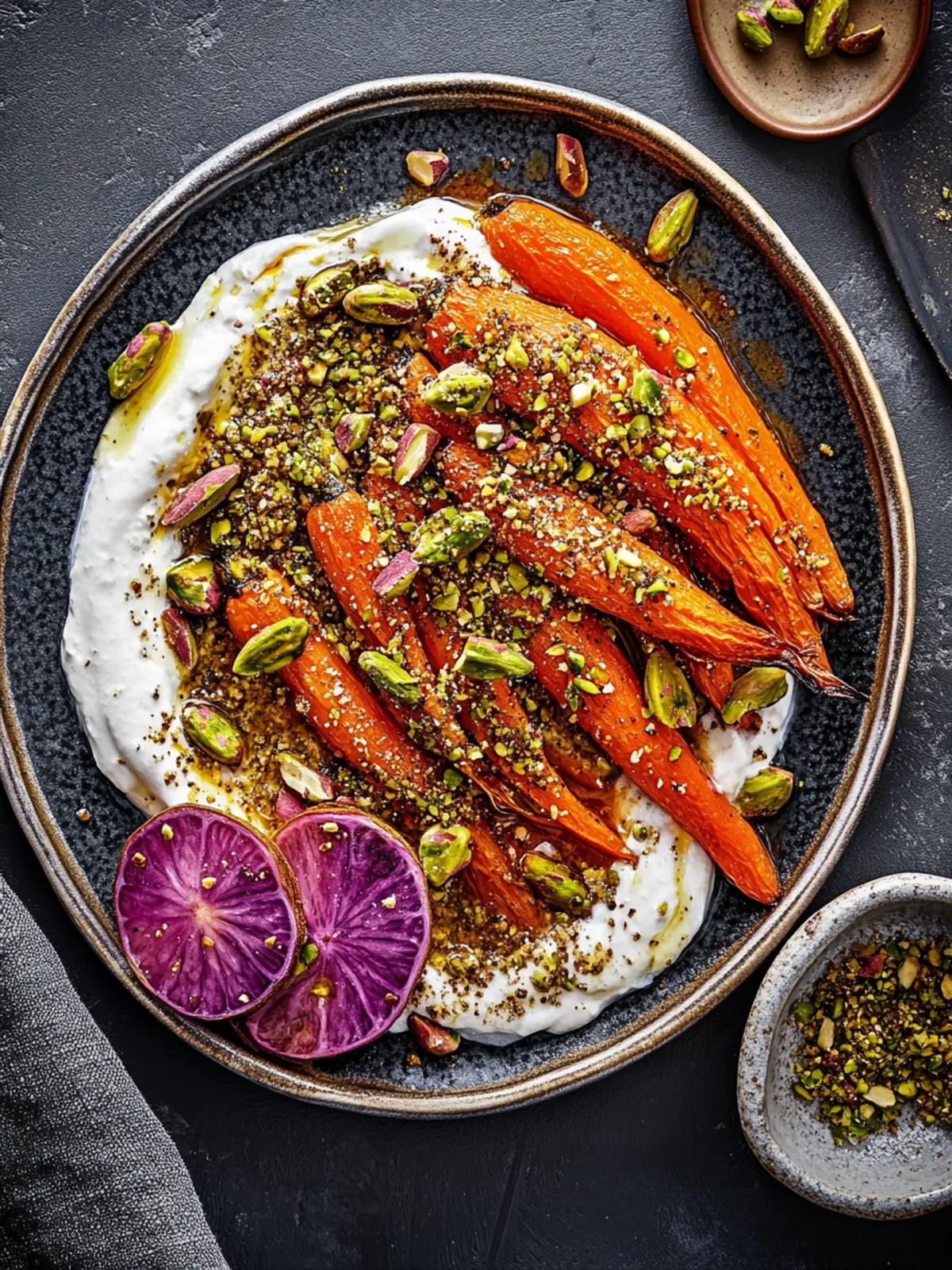Roasted carrots with garlic tahini yogurt and pistachio dukkah