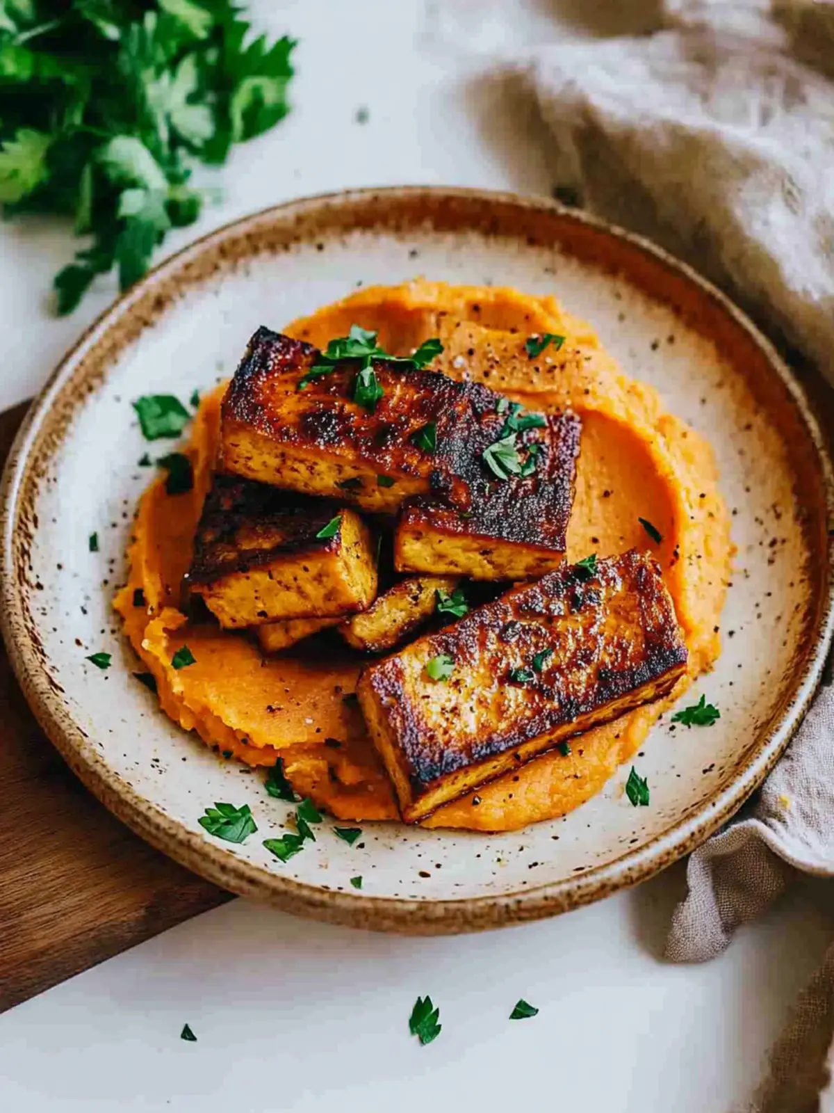 Tofu Steak with Mashed Sweet Potato