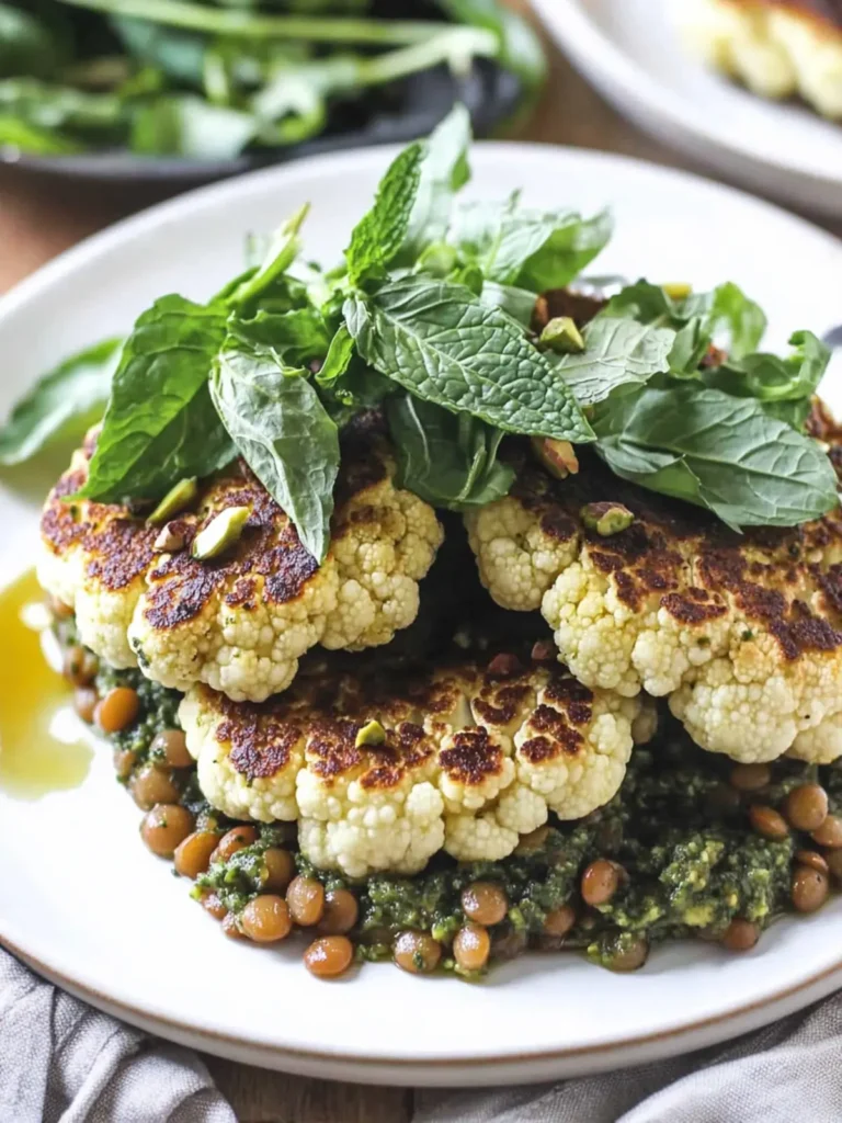 Cauliflower Steaks with Lentils & Pistachio Mint Pesto