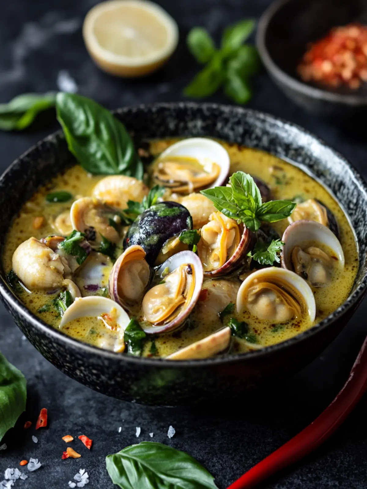 Green Curry Thai Clams with Thai Eggplant