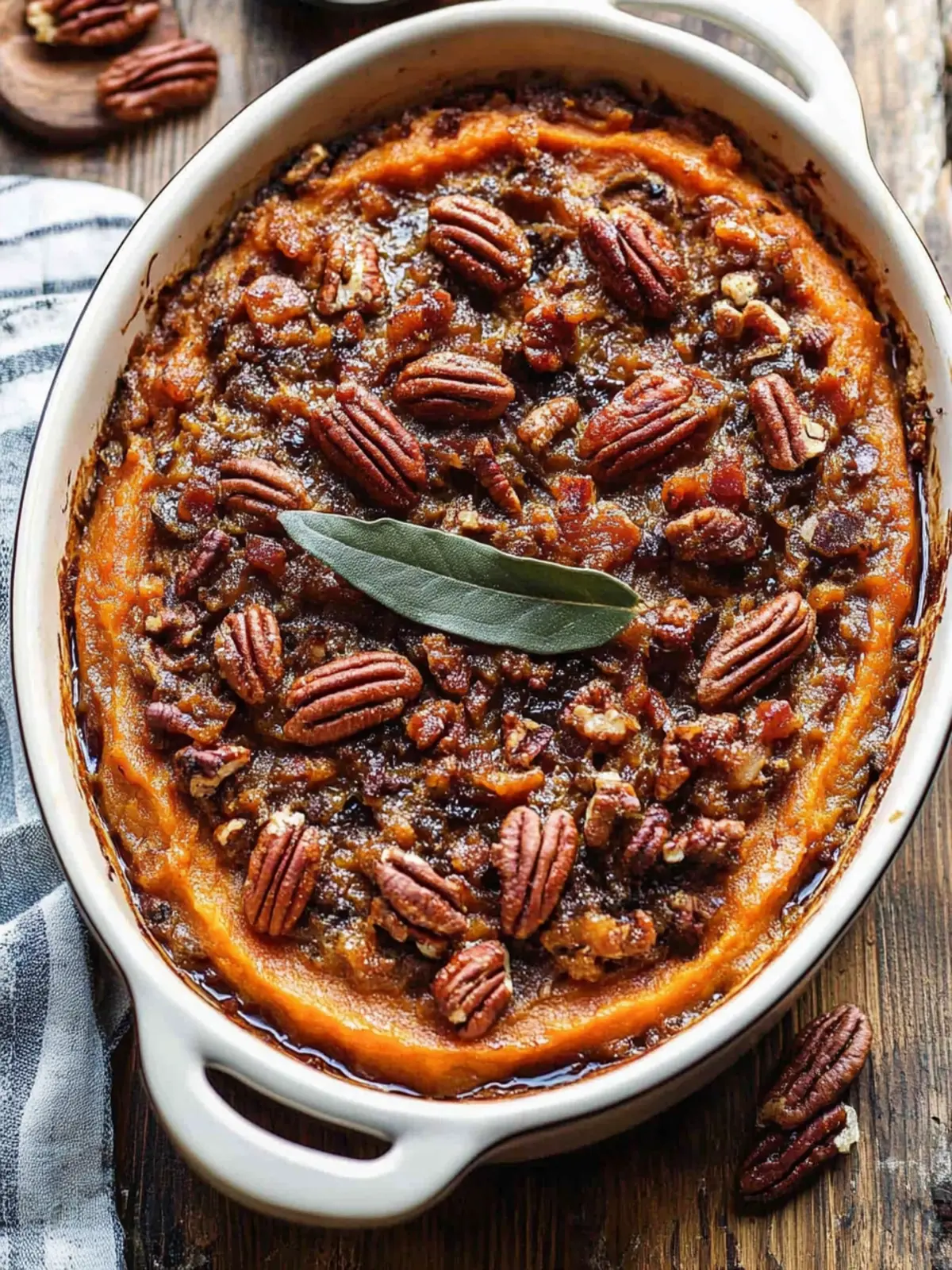 Bourbon Sweet Potato Casserole with Sweet ‘n’ Savory Bacon Pecans