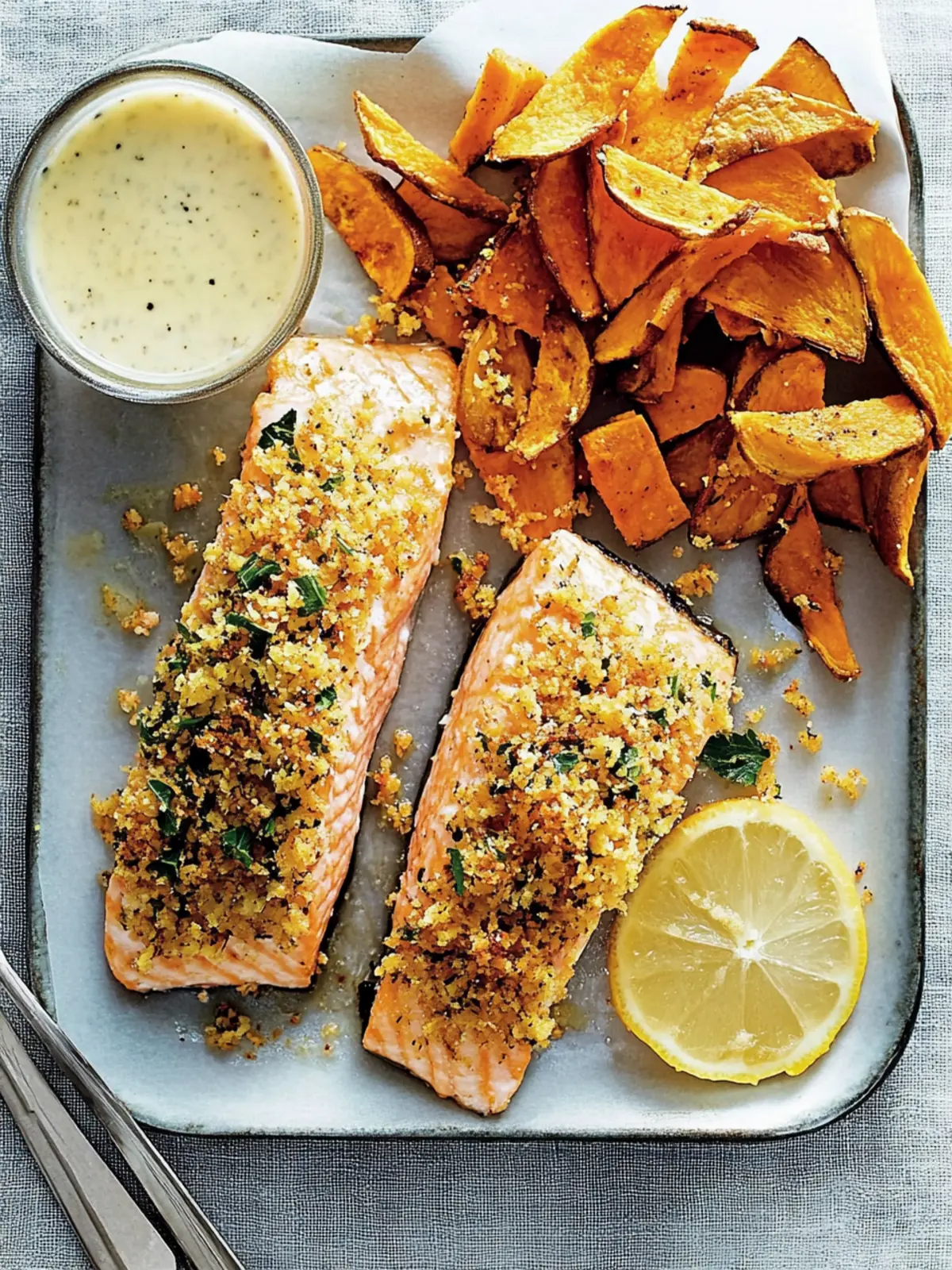 crumbed salmon with sweet potato chips
