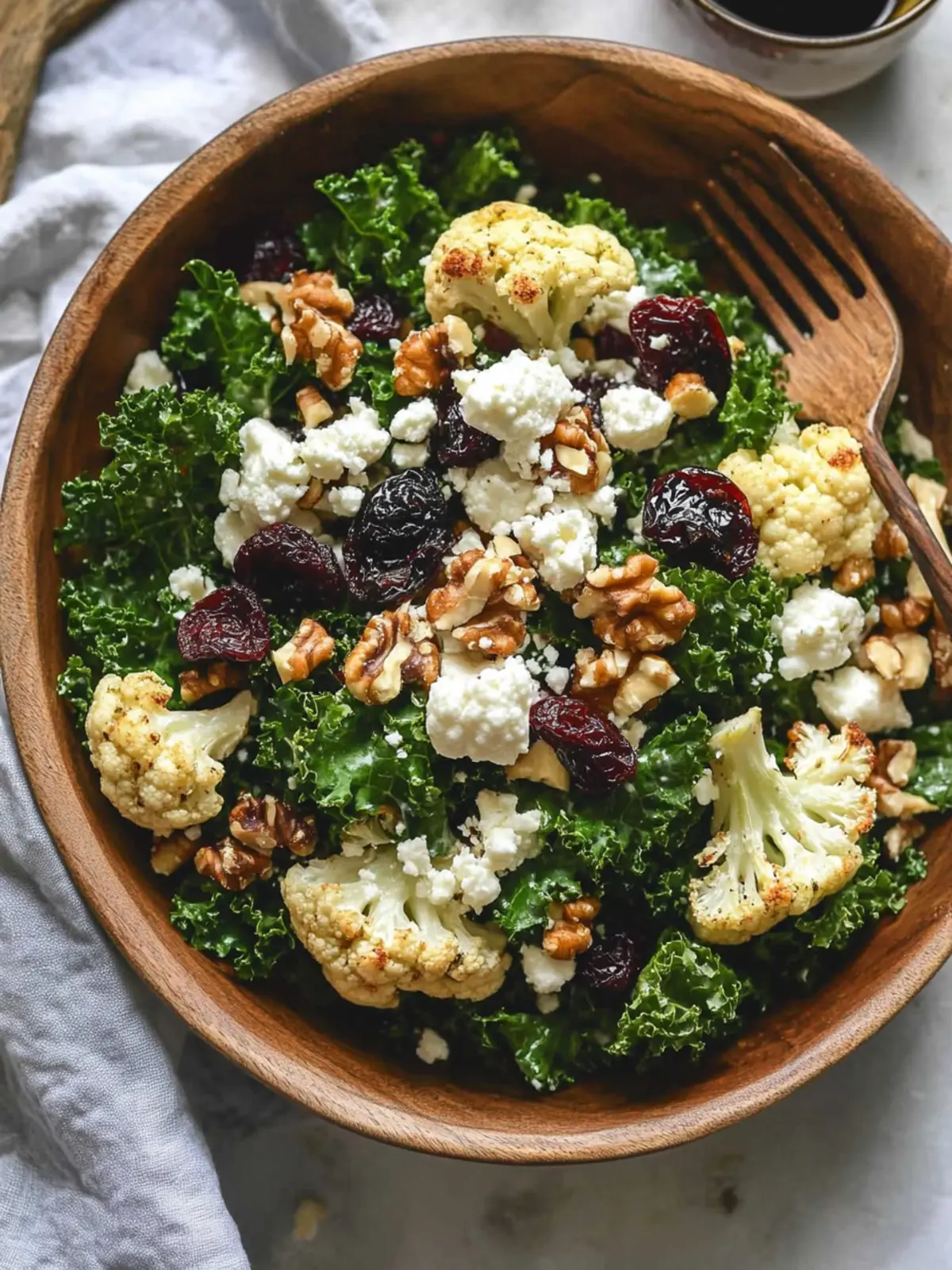 Roasted Cauliflower Kale Salad with Dried Cherries, Walnuts, and Feta