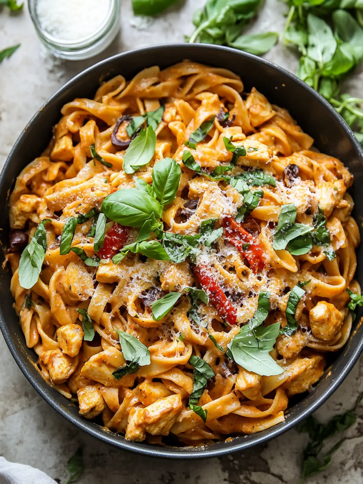 One Pot Creamy Roasted Red Pepper Chicken Pasta