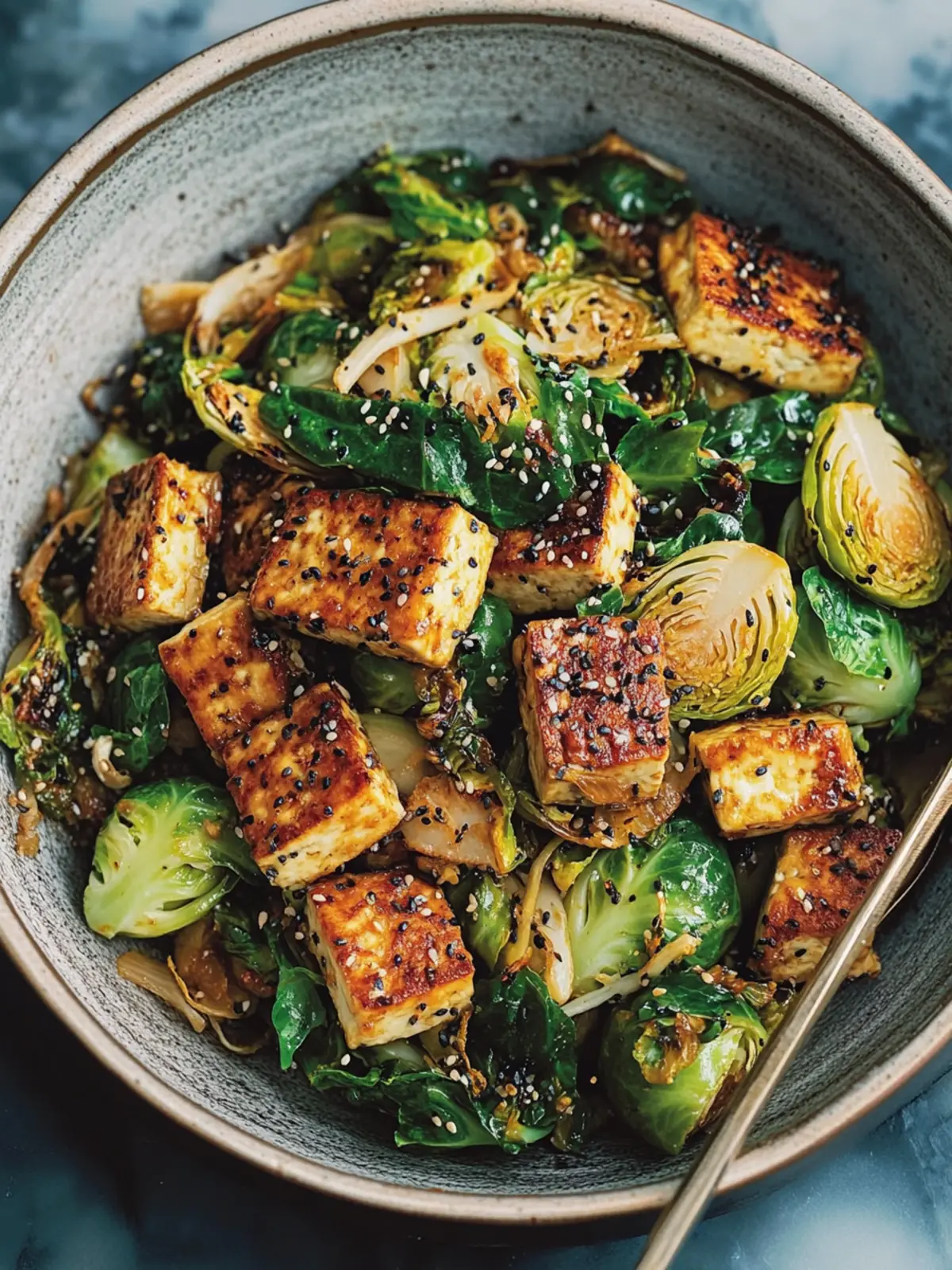 crispy chia tofu and brussels sprouts stir-fry