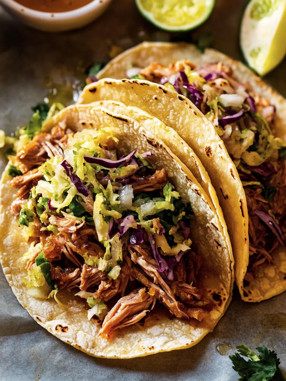 Cider Braised Pork Shoulder Tacos with Brussels Sprout Slaw