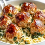 Baked Chicken Ricotta Meatballs with Creamy Spinach Orzo