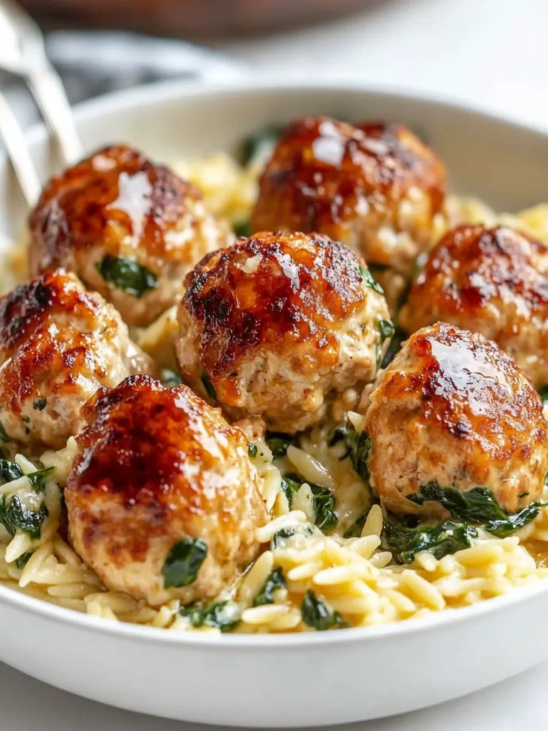 Baked Chicken Ricotta Meatballs with Creamy Spinach Orzo