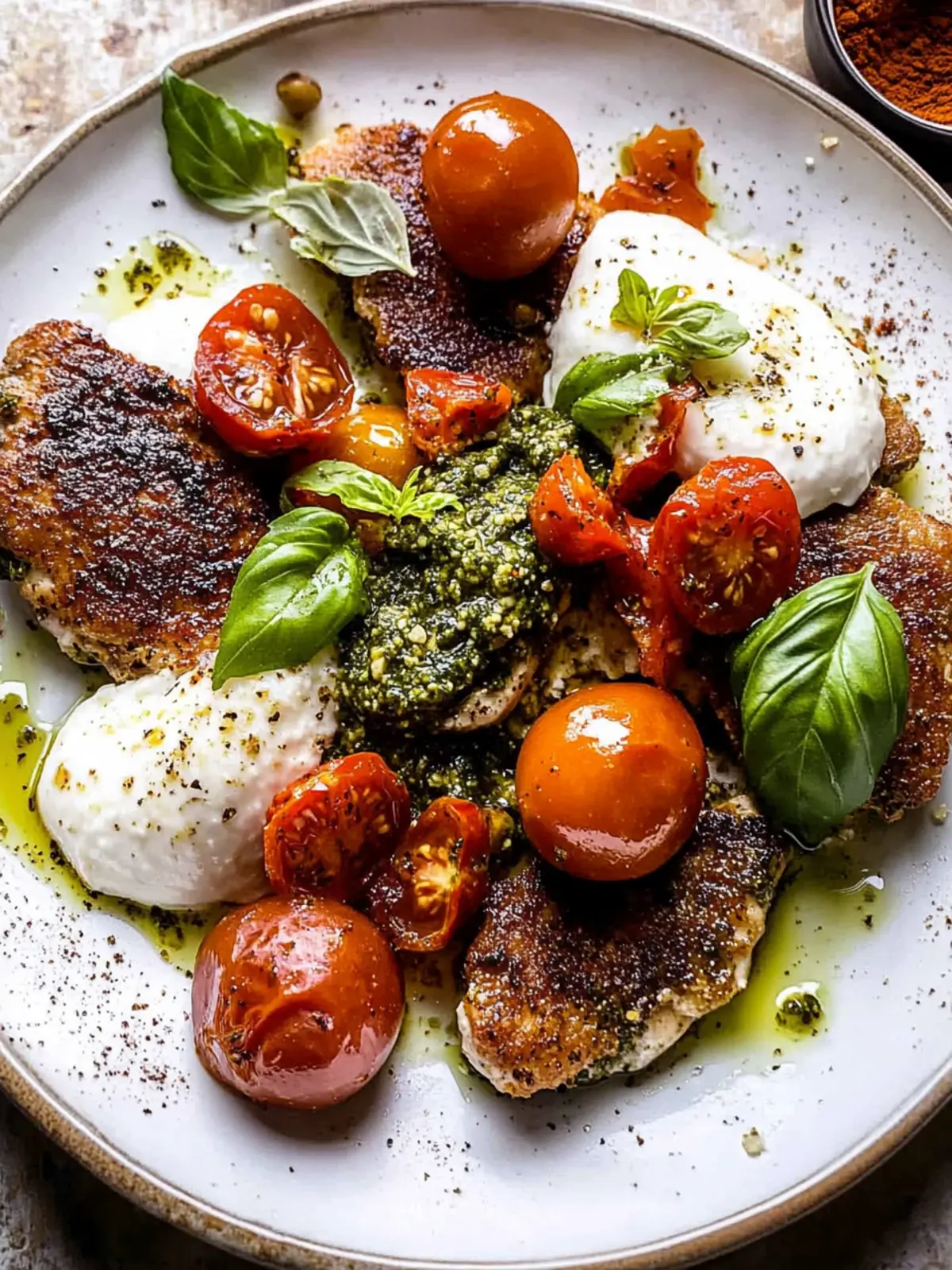 Pesto Chicken Saltimbocca with Burst Tomatoes and Burrata