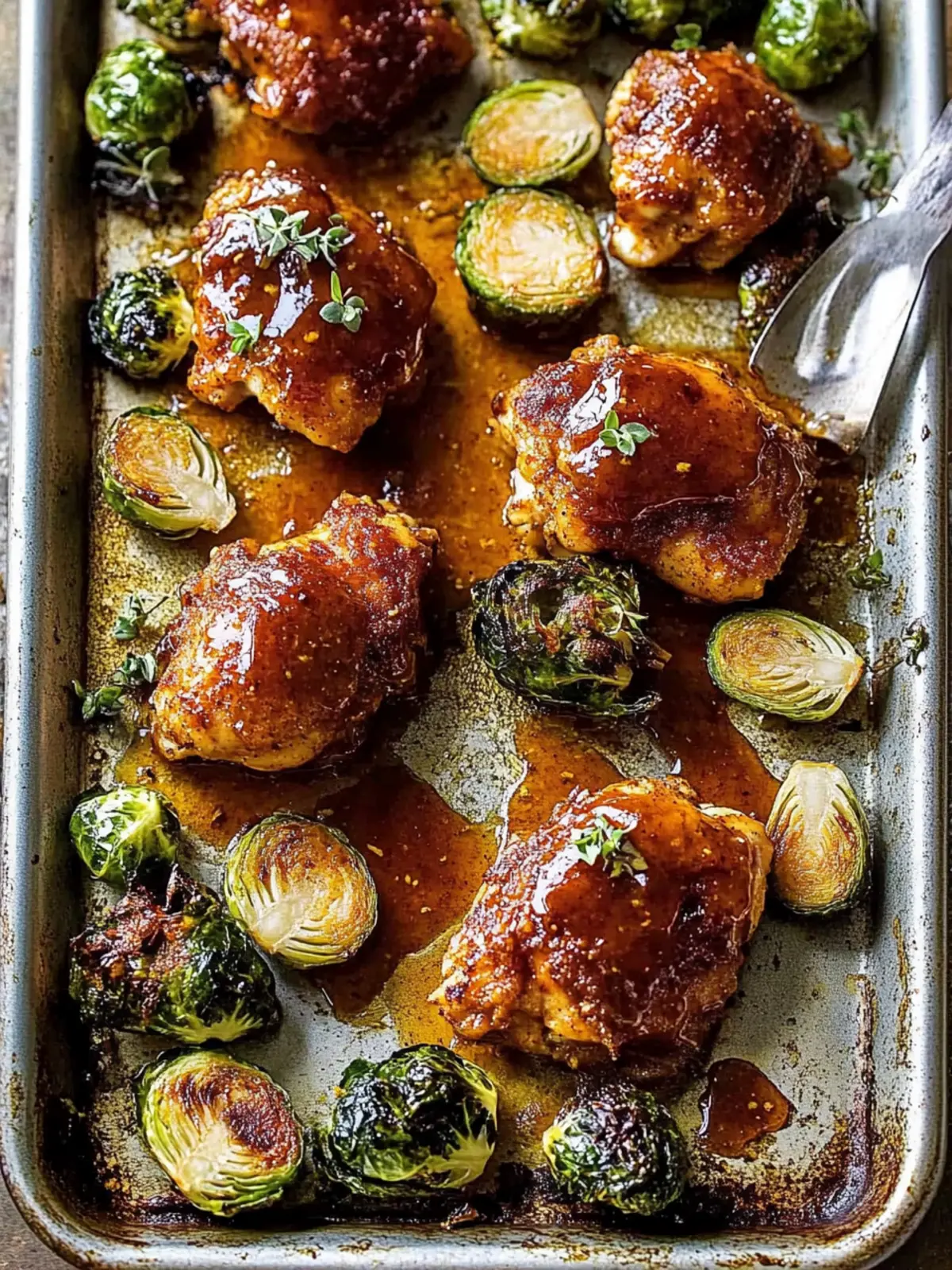 Sheet Pan Hot Honey Mustard Chicken and Crispy Brussels Sprouts